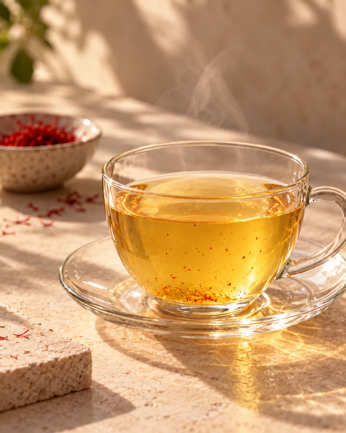 A lightly colored saffron drink with only tiny fine saffron flecks visible near the bottom of a transparent glass cup