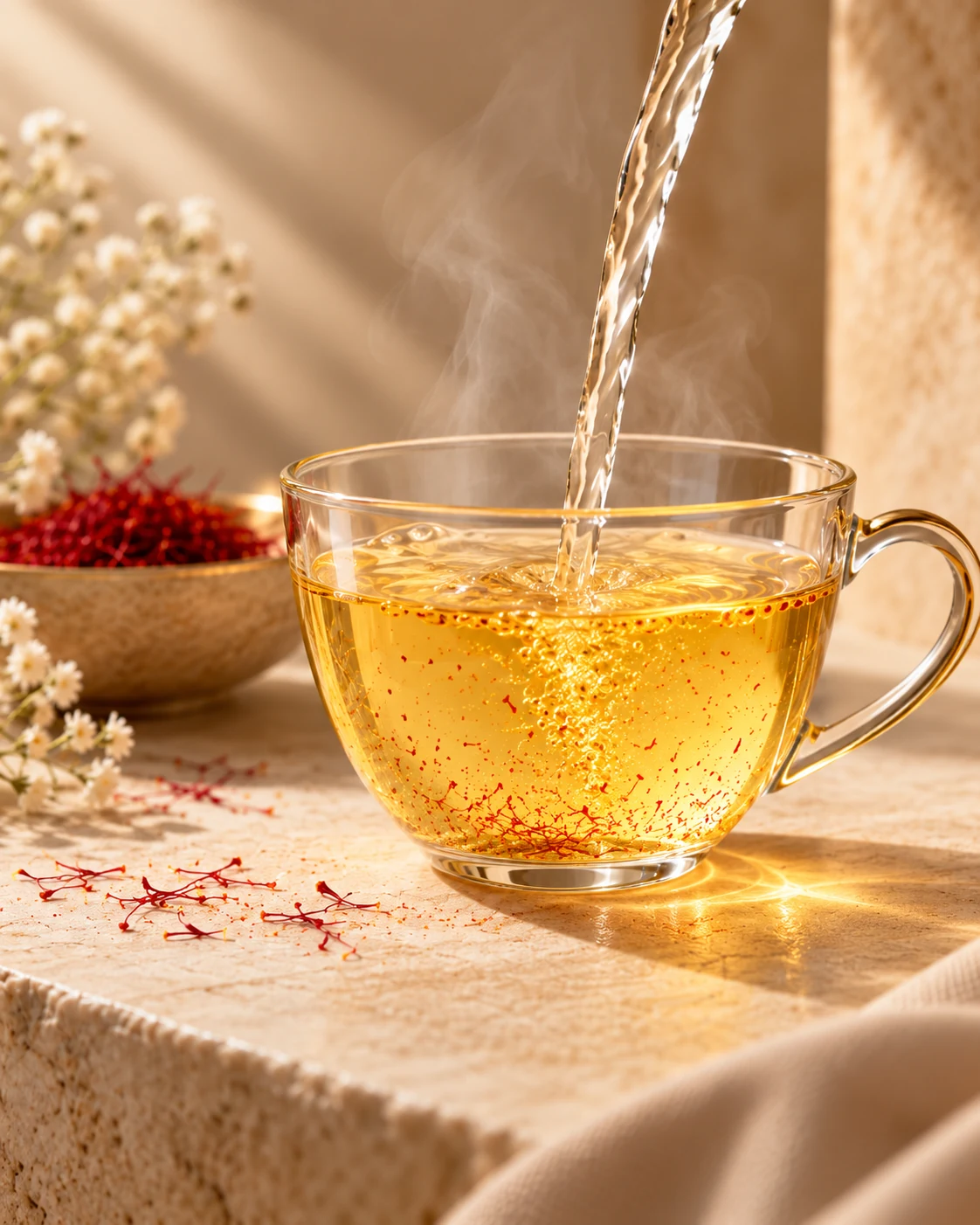 Editorial saffron drink scene — for hospitality