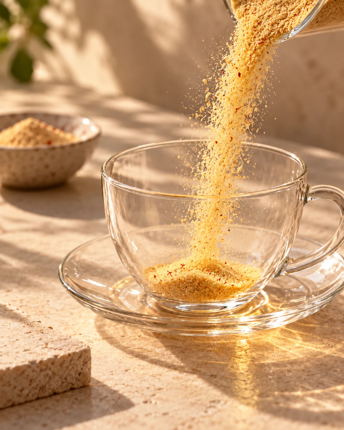 Fine blended saffron drink powder falling into an empty glass cup