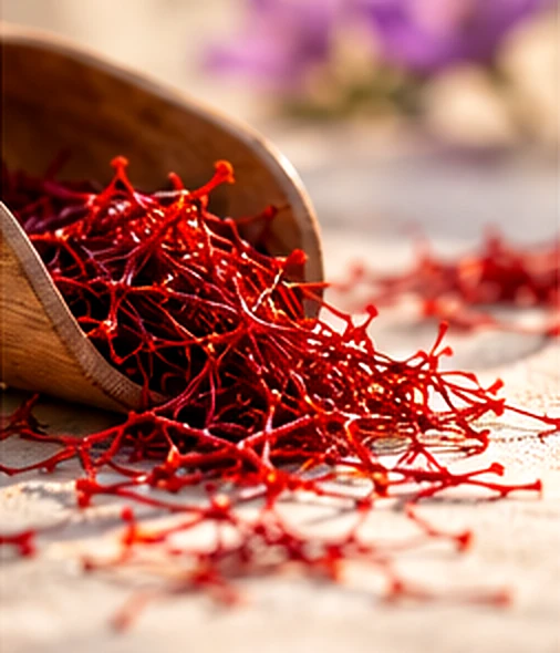 Macro editorial view of red saffron strands