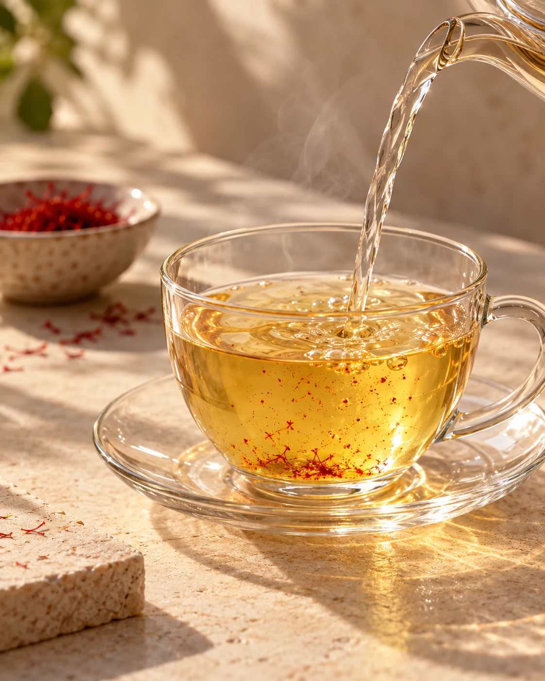 A gently colored saffron drink with tiny fine saffron flecks in a transparent glass